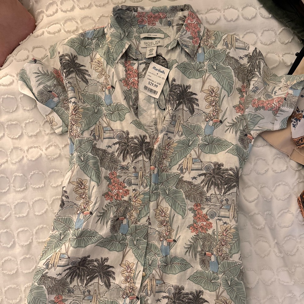 Rachel Zoe 100% Linen Button-Up Dress – Tropical Print, Size XS